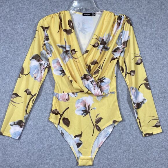 Boohoo Bodysuit Womens  Size 8 Chiffon Yellow Floral V Neck Long Sleeve Top - Picture 1 of 13